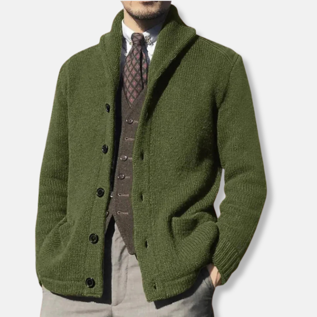 Men's wool-blend knit cardigan, classic regular fit with shawl collar and button front ribbed cuffs