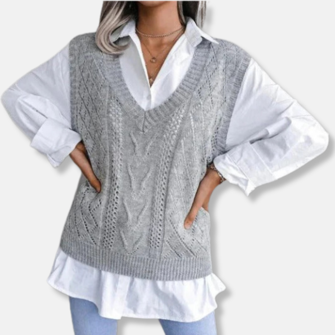 Women's relaxed-fit cable knit vest V-neck soft cotton blend casual layering piece