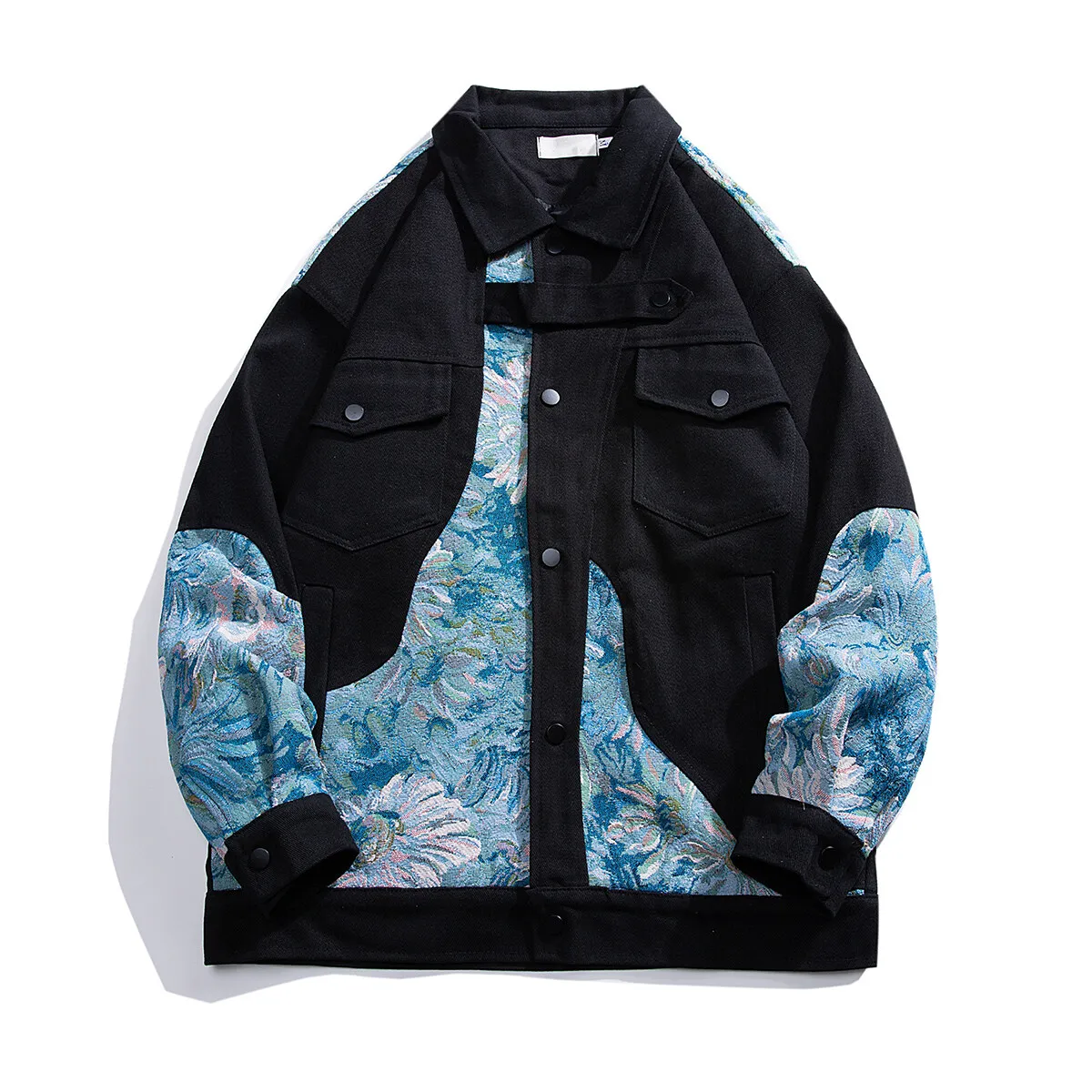 Blue denim jacket with baroque floral jacquard panels, structured fit, bold tapestry detailing