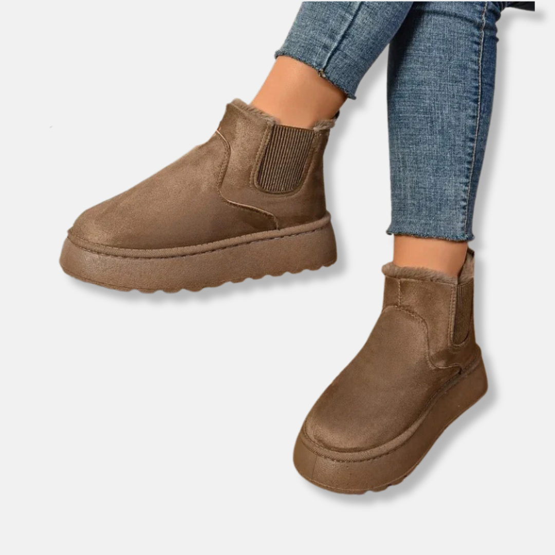 Women's black suede ankle boots slip-on style with chunky platform sole for everyday comfort