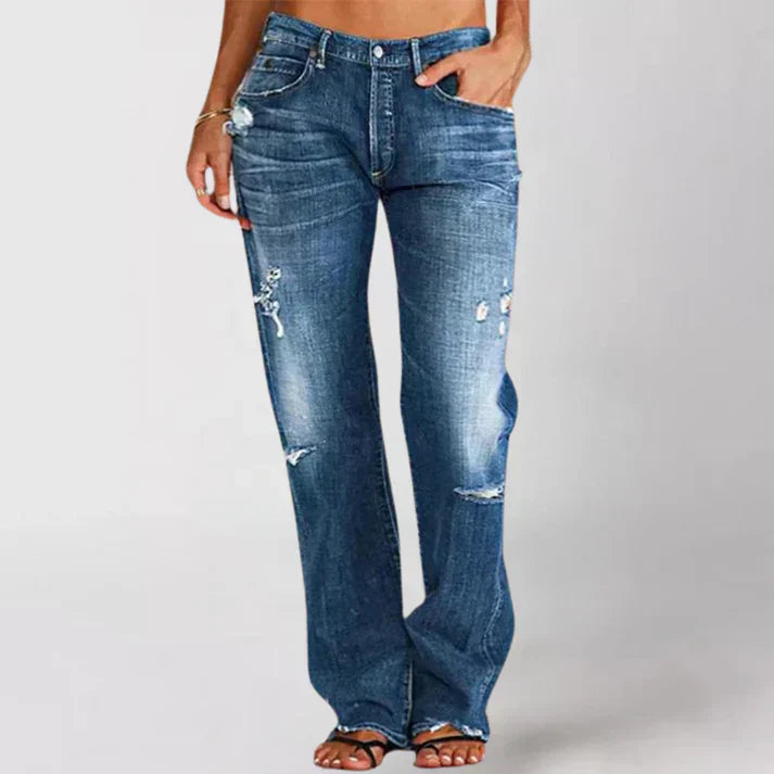 Women's relaxed fit mid-rise distressed denim jeans streetwear everyday blue casual style