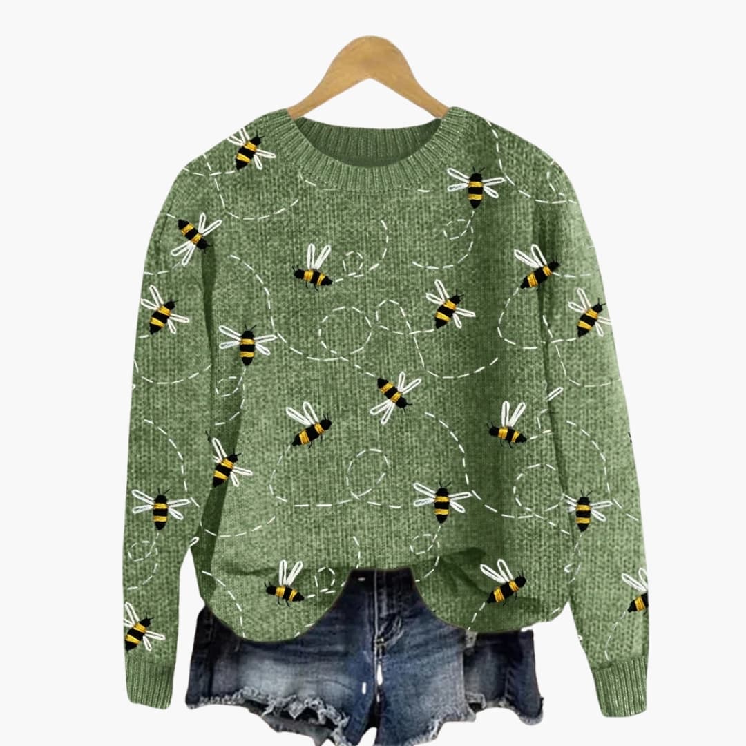 Neutral textured knit women's sweater with embroidered bee motifs, long sleeves, round neckline