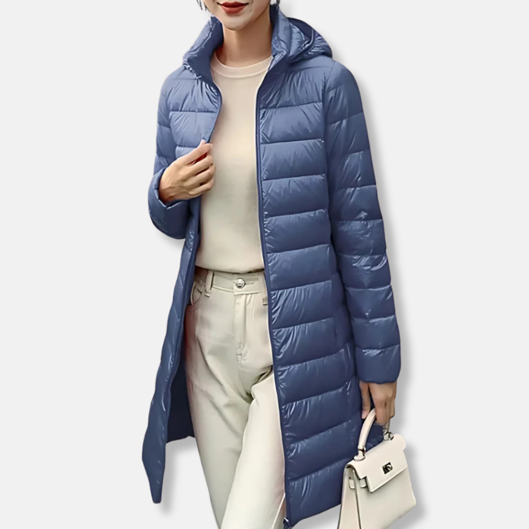 Women's slim fit quilted nylon puffer jacket in mid-length with hood, sleek casual winter style