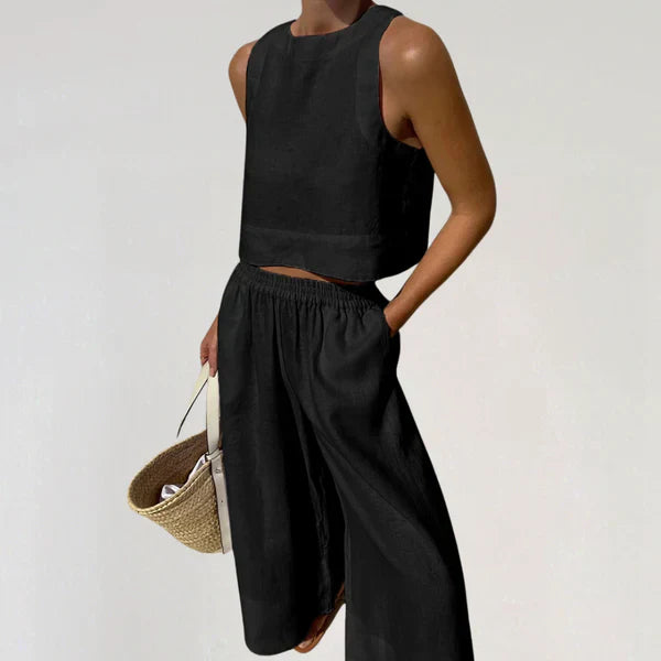 Women's linen set sleeveless cropped top wide leg pants breathable casual luxury summer outfit