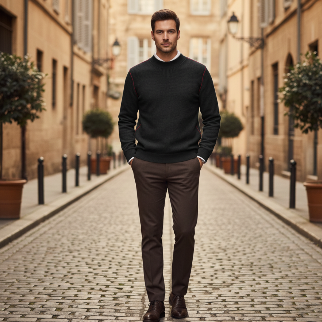 Men's cream crew neck sweater regular fit premium knit contrasting shoulder seams smart casual