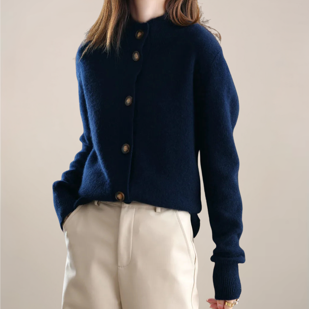 Cream button-front cardigan sweater women soft collar regular fit cozy polished office layer