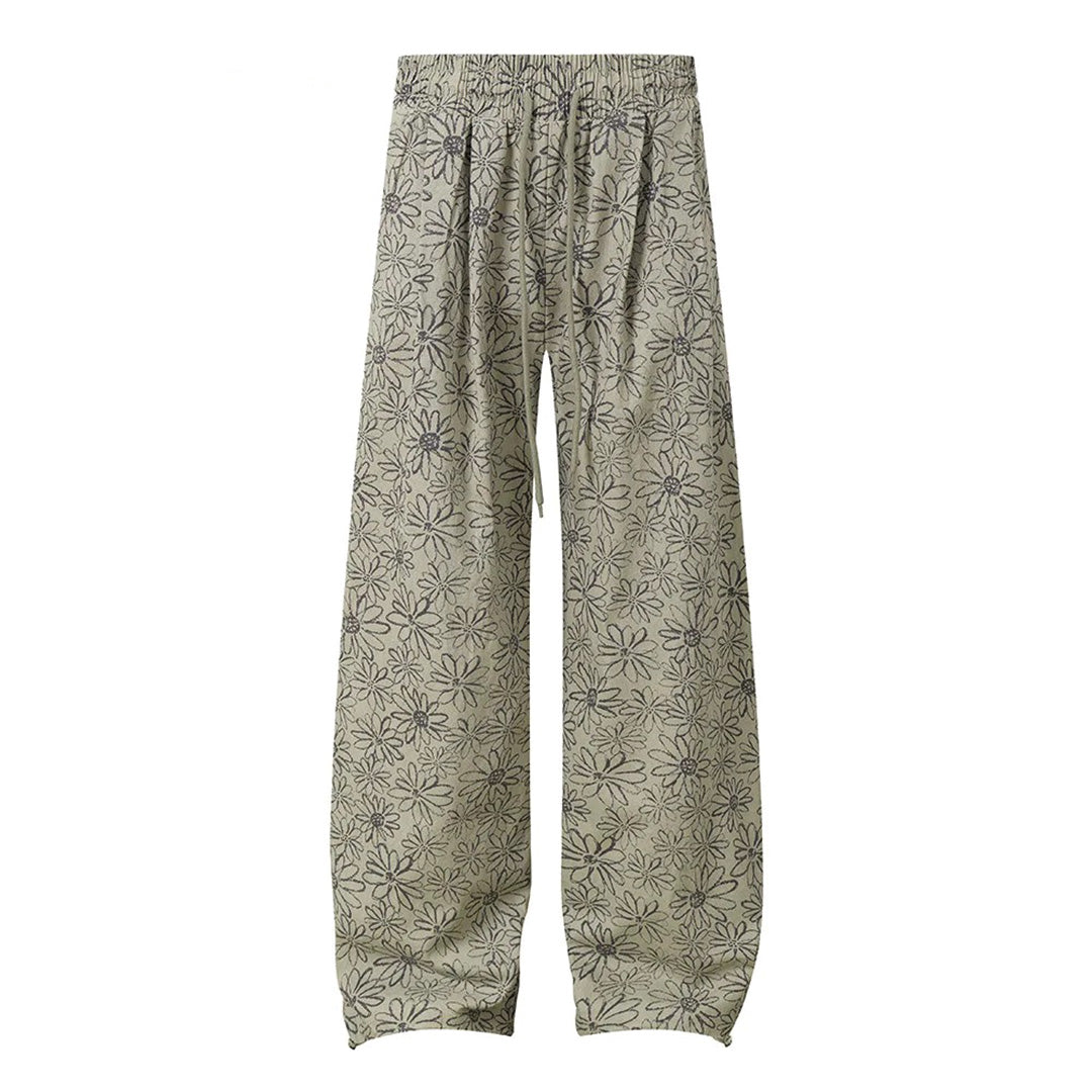 Women's loose wide-leg cotton track pants in daisy jacquard with elastic drawcord waist