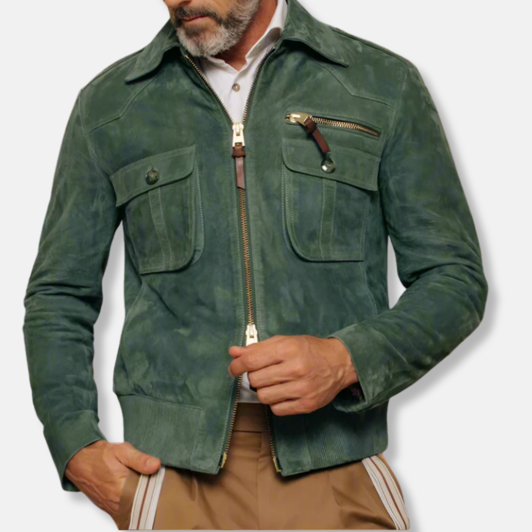 Men's black tailored leather jacket hip-length cut with distinctive leather trim polished everyday style