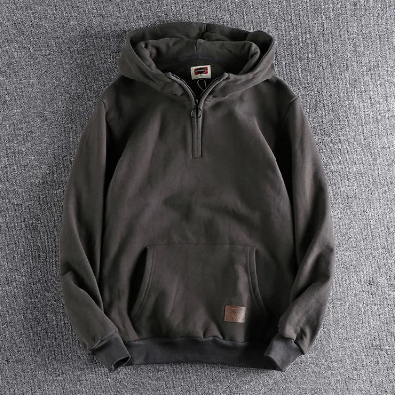 Men's gray quarter-zip hoodie relaxed fit 100% thick cotton knit for casual outdoor warmth