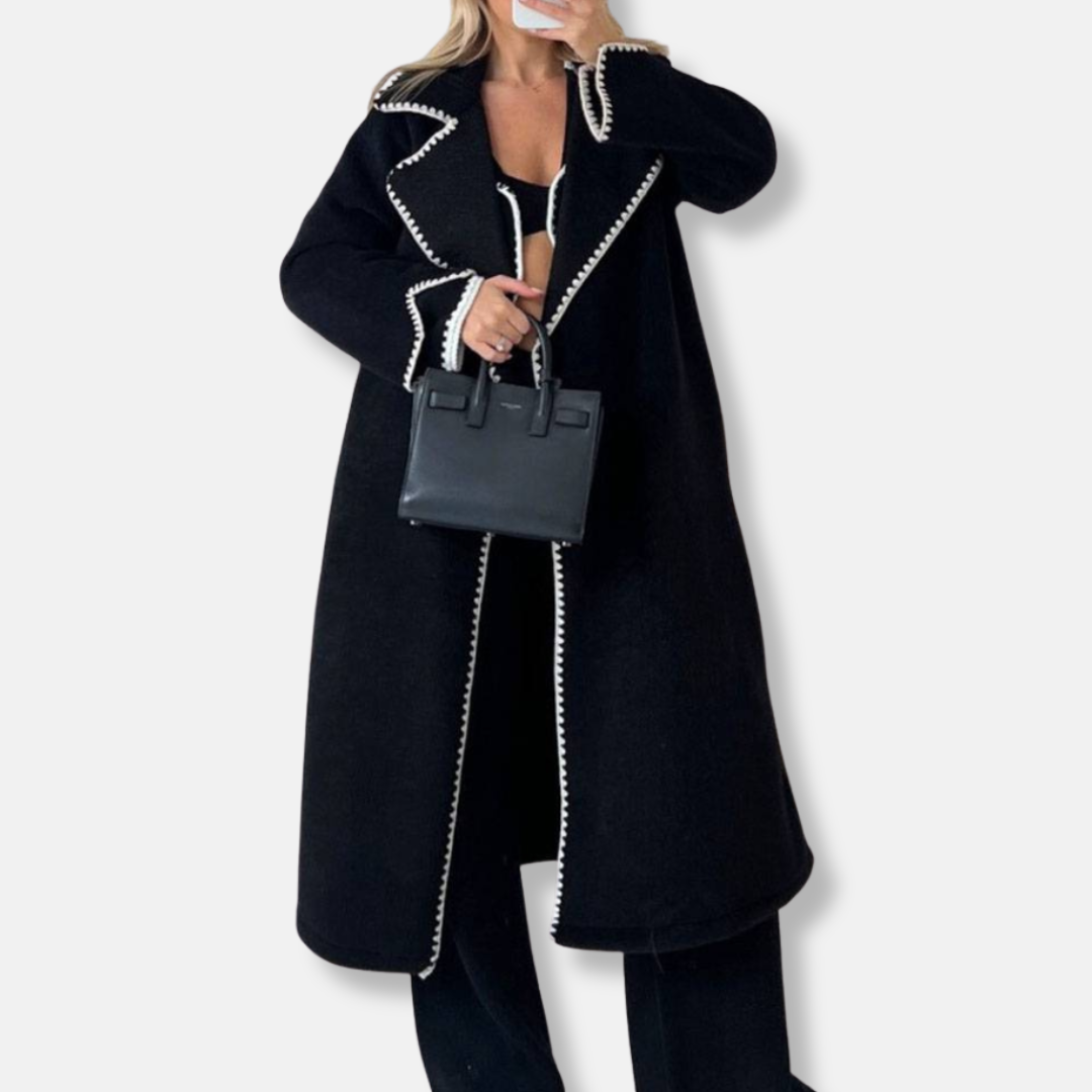 Women's wool maxi coat notched lapel loose fit warm elegant outerwear for working women