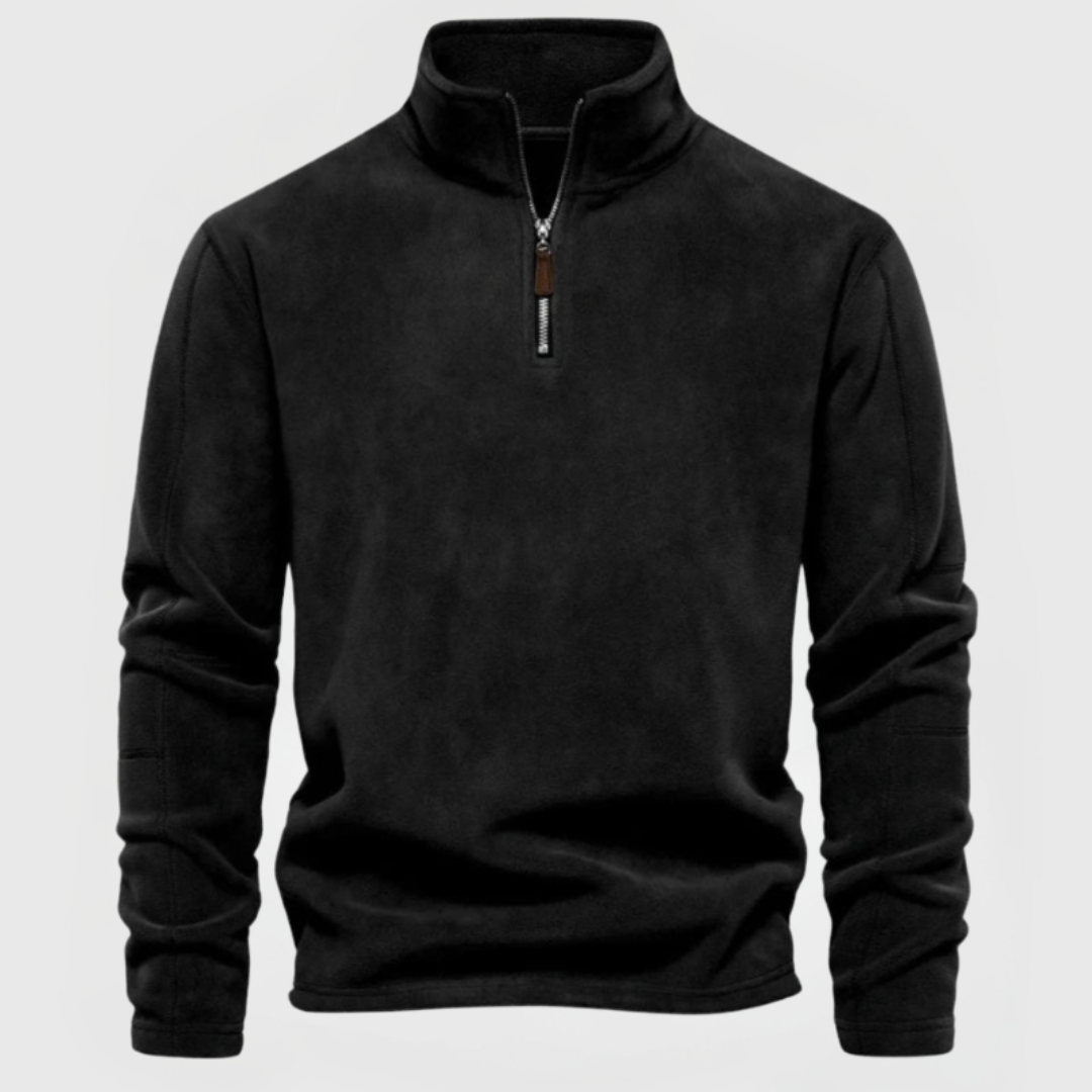Navy blue lightweight fleece half-zip pullover with stand collar for everyday casual layering