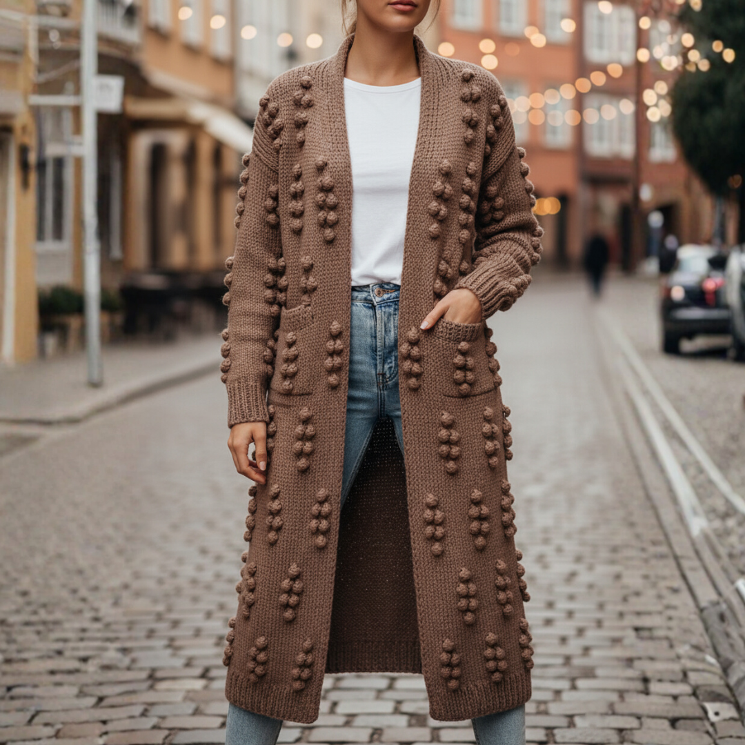 Women's long thick knit bohemian cardigan open-front cozy layering piece with 3D raised knitwork