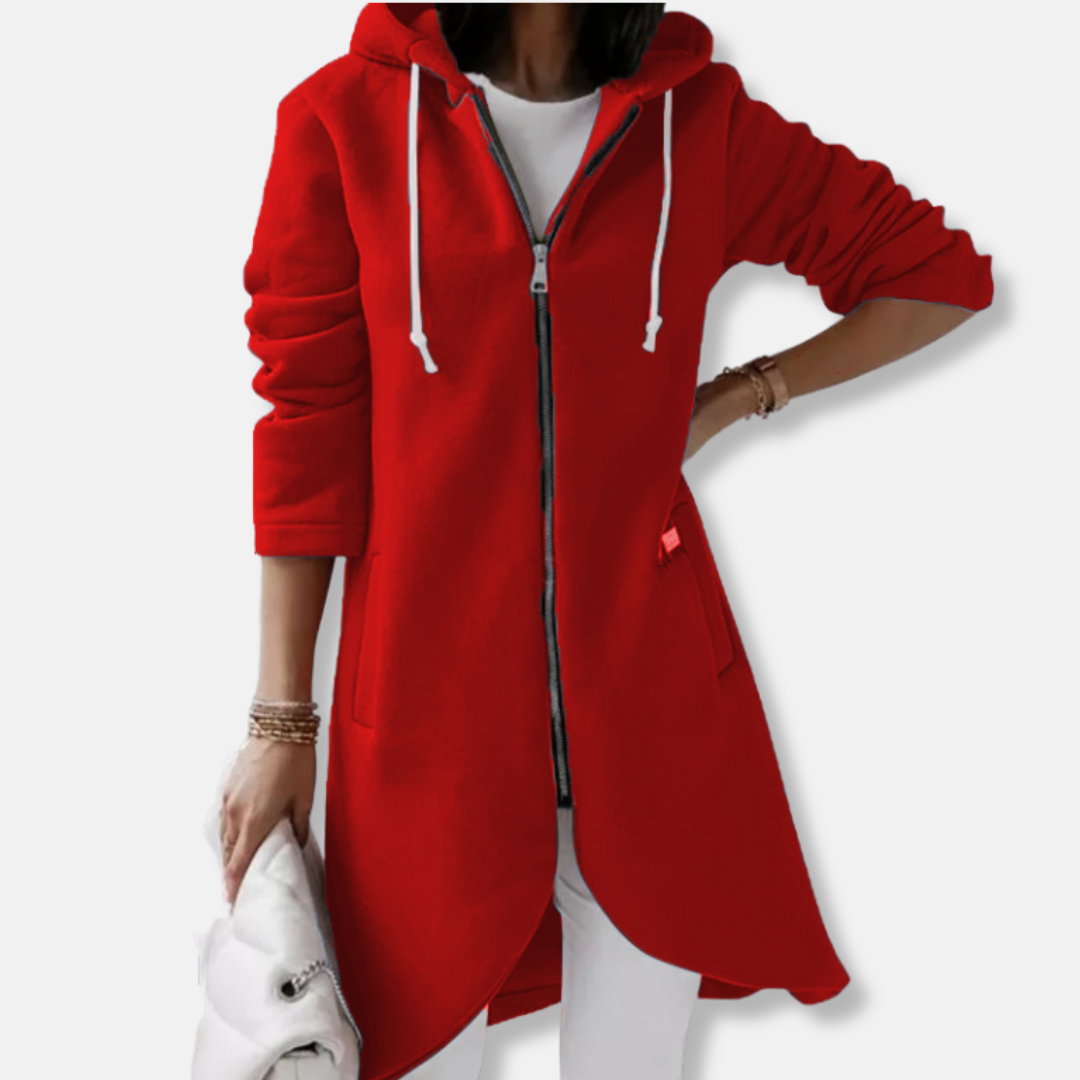 Women's relaxed fit mid-length sweatshirt jacket with drawstring hood and front zipper closure