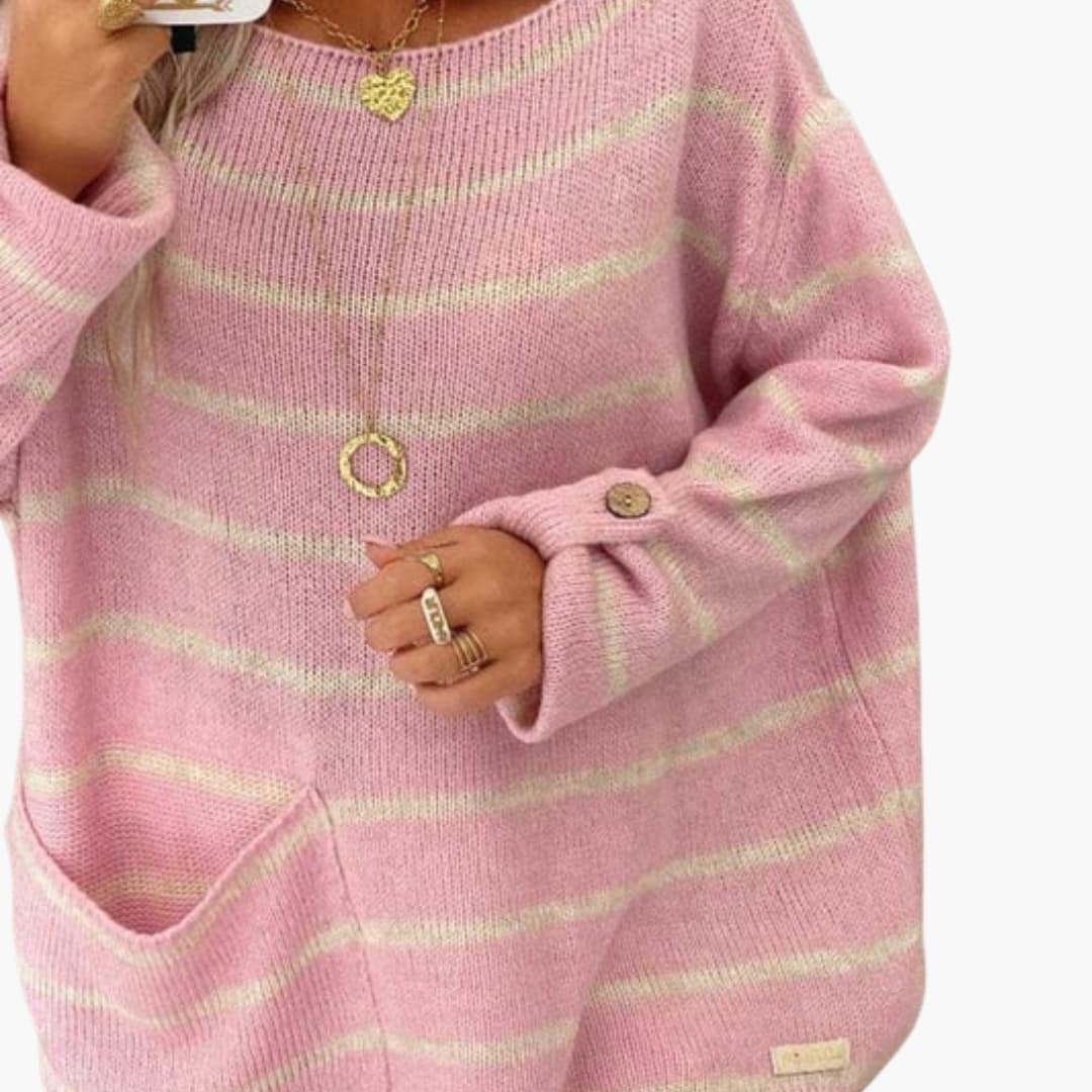 Women's striped knit sweater boat neck relaxed fit with front patch pocket and button tab cuffs