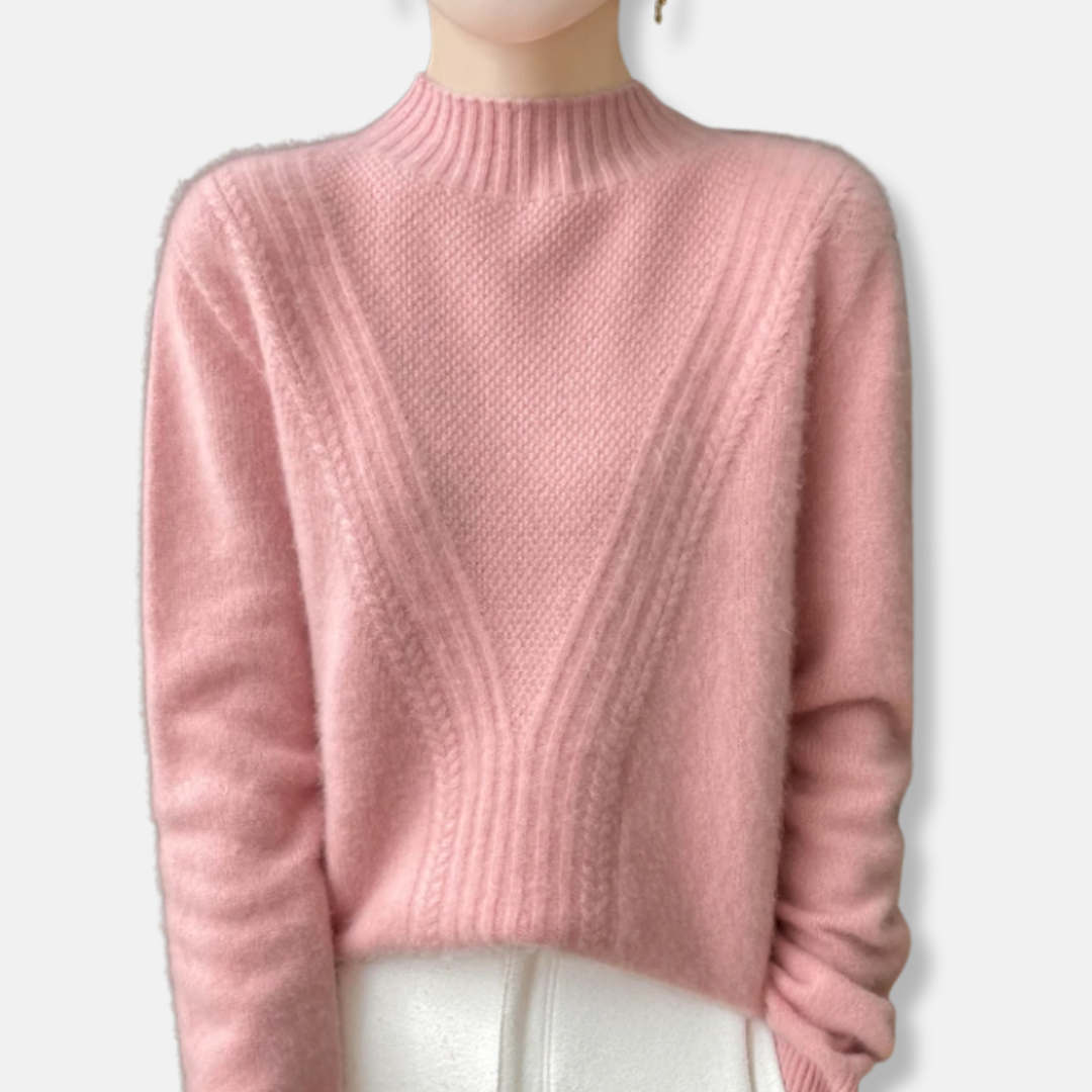 Women's relaxed-fit ribbed knit pullover sweater with half-high collar in cozy everyday style