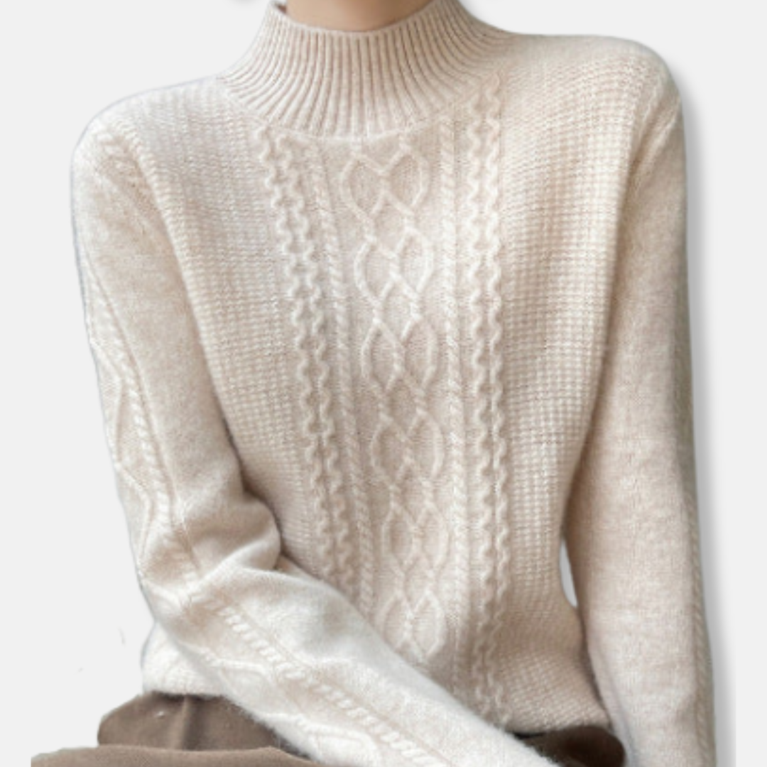 Women's cream relaxed fit mock neck sweater with central cable knit pattern, soft acrylic yarn