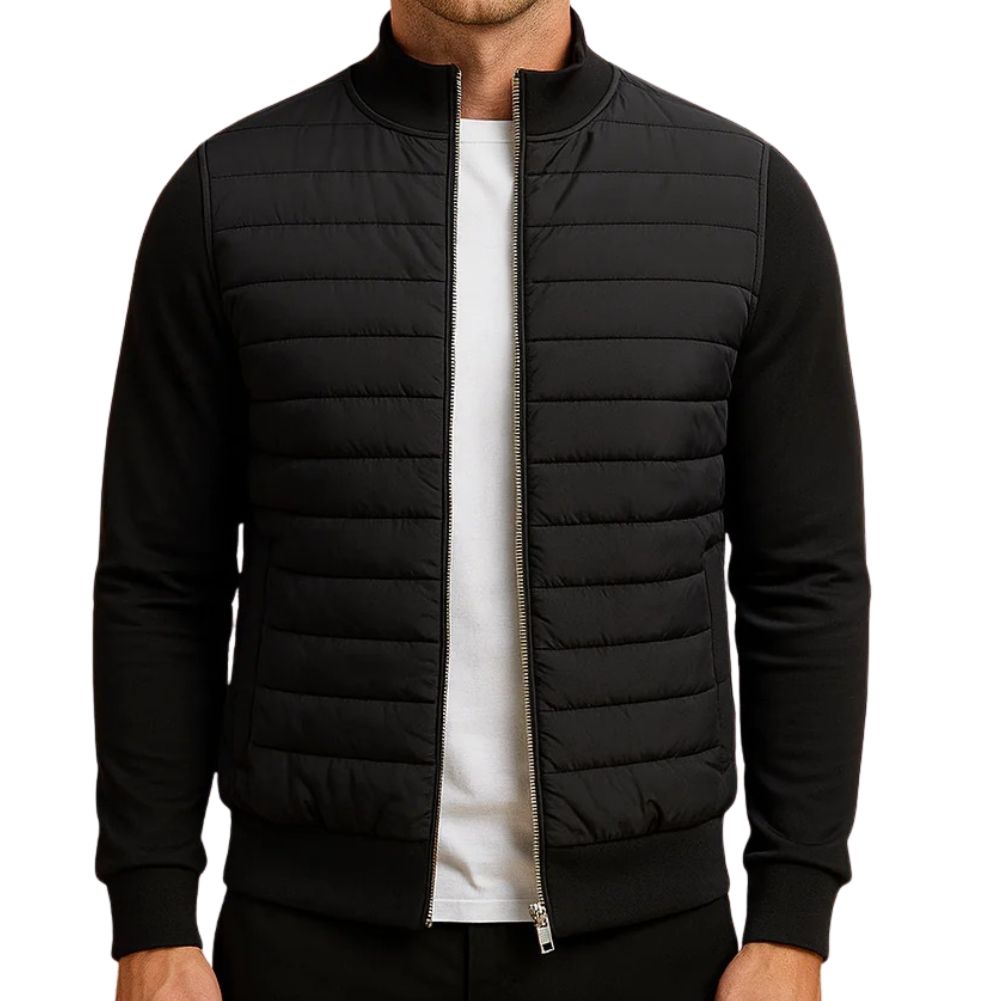Men's navy blue lightweight quilted puffer jacket with high stand collar for warmth without bulk