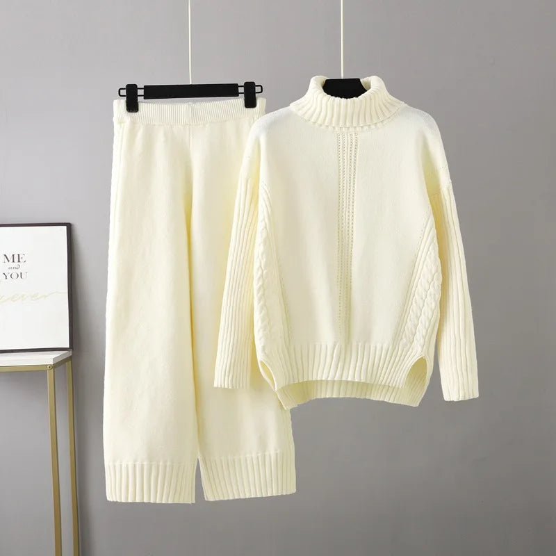 Vibrant cable knit co-ord set turtleneck sweater relaxed pants women cozy two-piece