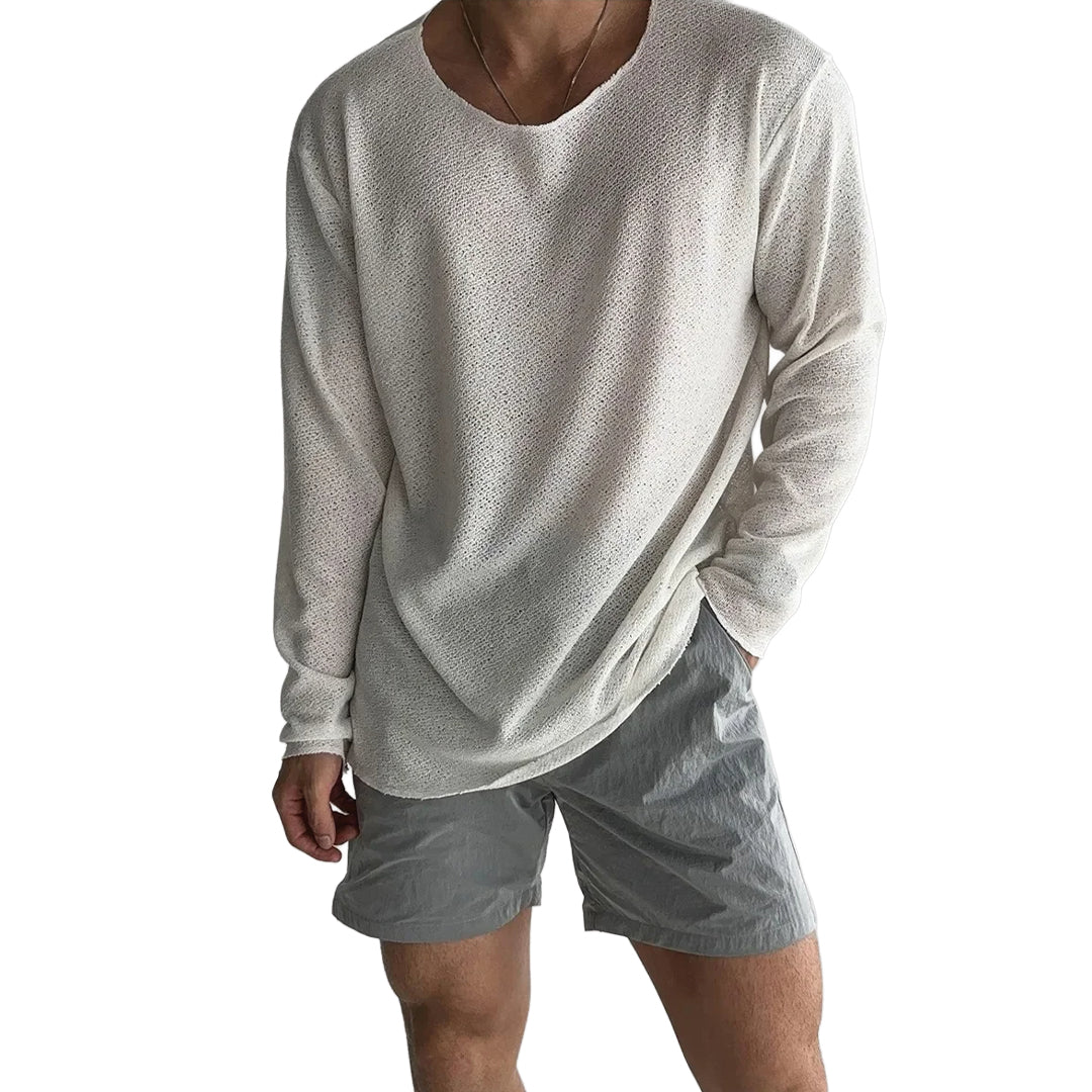 Heather gray relaxed-fit lightweight knit long sleeve top with round neck for casual layering