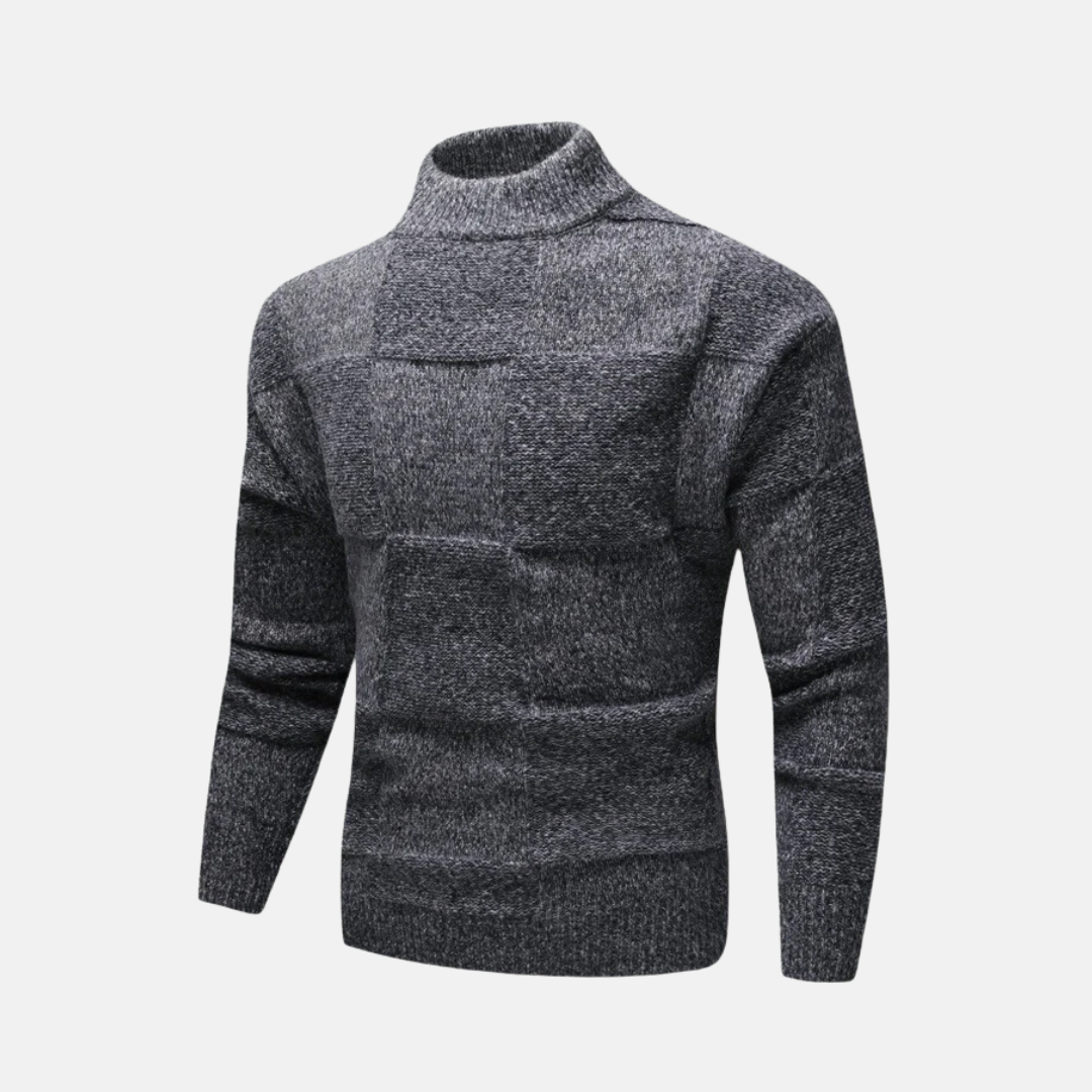Men's slim fit mock neck sweater with fine gauge knit checkerboard pattern, fall essential in neutral tones