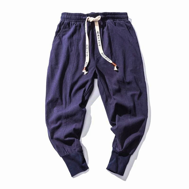 Mayfair linen cotton blend joggers in neutral tone, Korean heritage streetwear design with refined drape