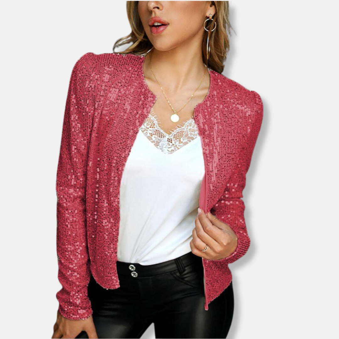Women's silver sequin cropped blazer with long sleeves, all-over shimmer embellishment for evening wear