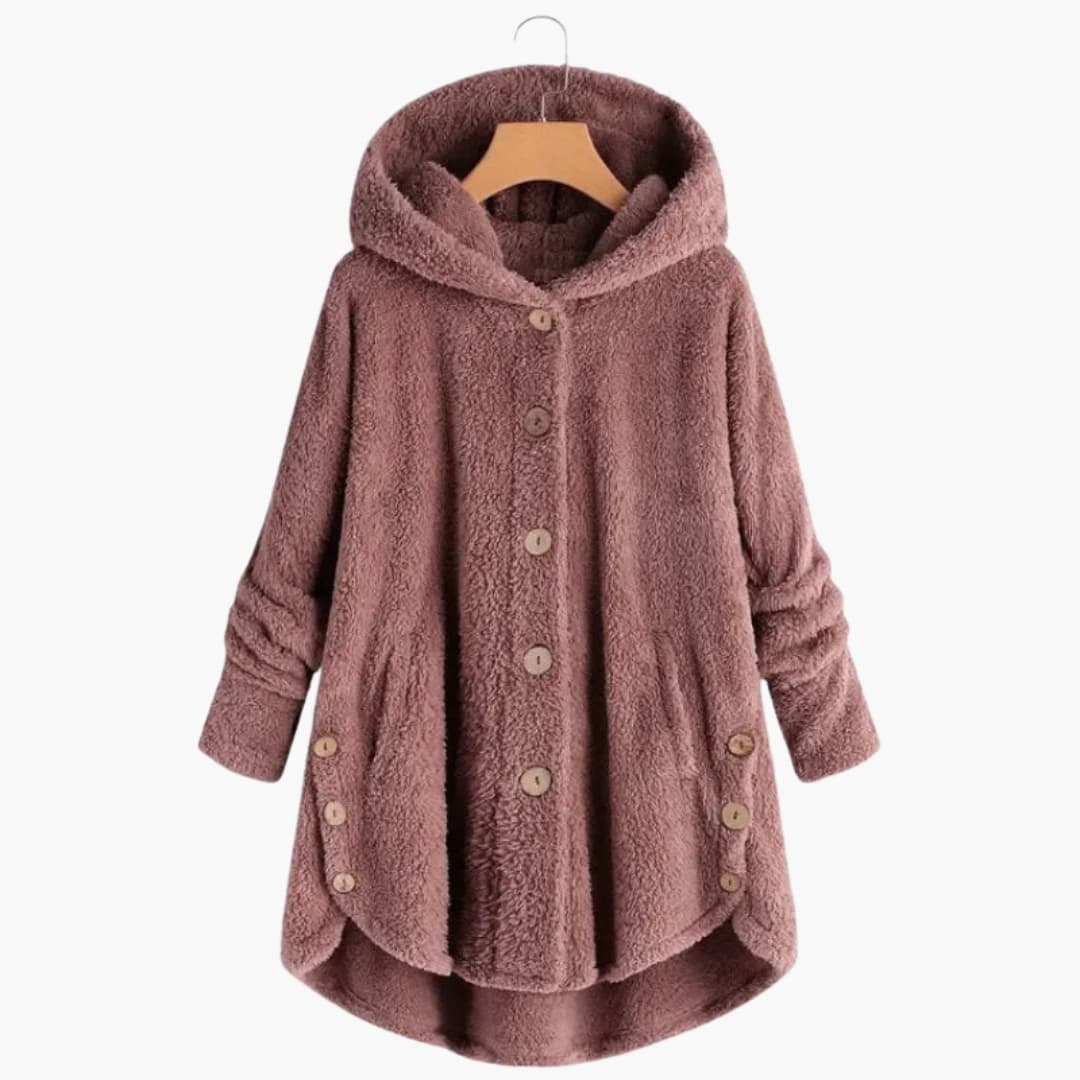 Women's hooded jacket button closure rounded hem versatile everyday layering piece