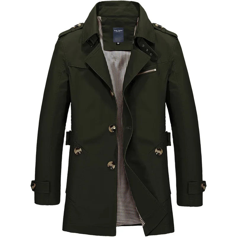 Men's knee-length belted trench coat classic cut with shoulder epaulets, timeless business casual style