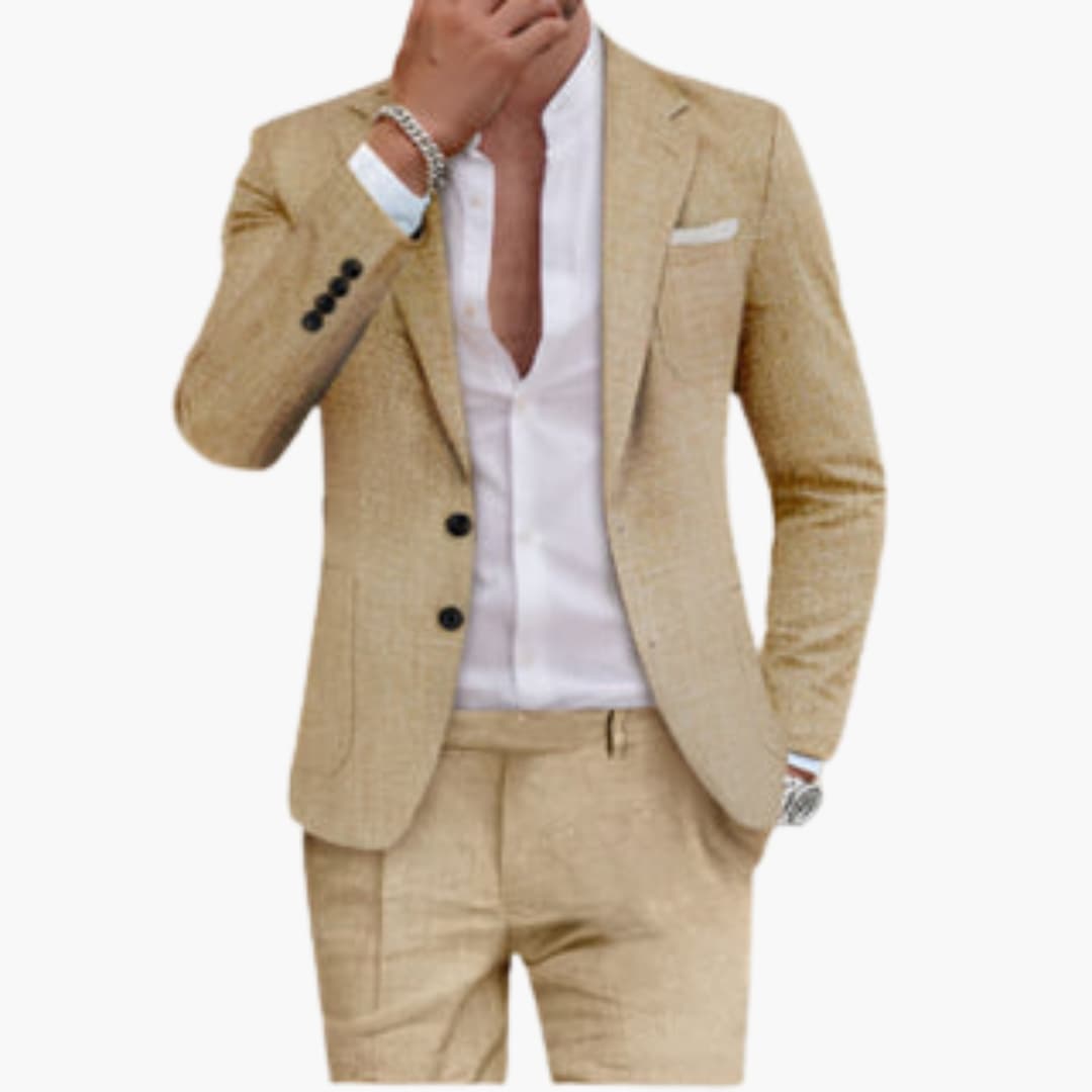 Men's cotton two-piece suit with lapel jacket and tailored pants for warm weather formal wear