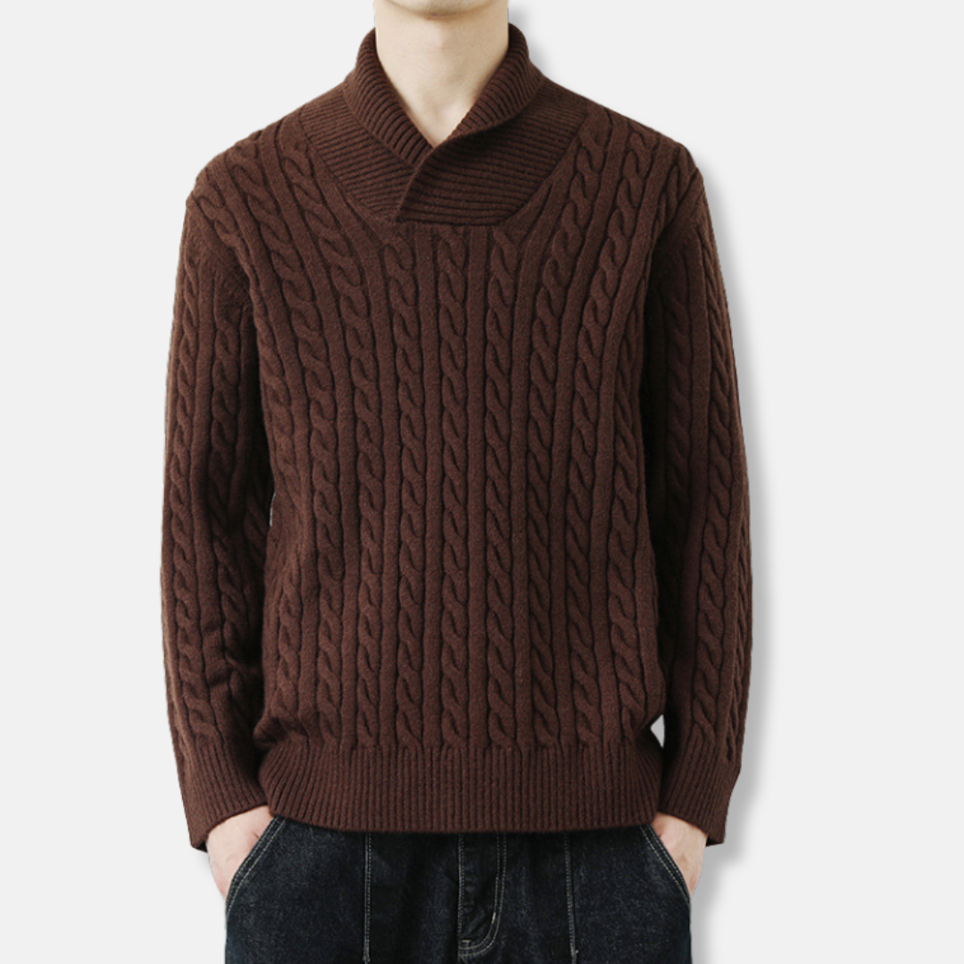 Men's cable knit shawl collar sweater relaxed fit, soft knit blend fabric for smart-casual fall style