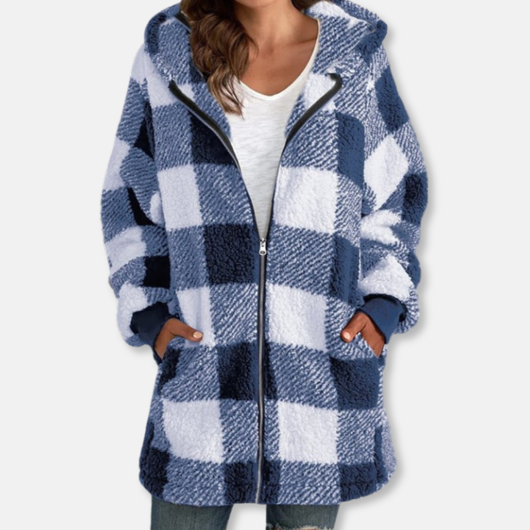 Women's oversized longline hooded knit jacket cozy soft check pattern full-zip relaxed fit
