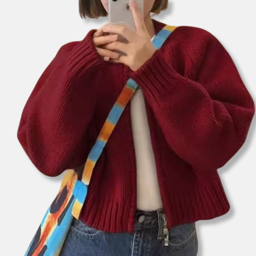 Women's wool knit open-front cardigan relaxed cropped silhouette versatile everyday layering piece