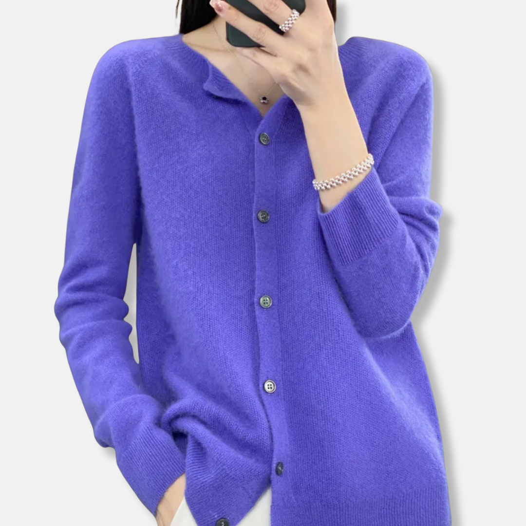 Women's merino wool cardigan regular fit button-front ribbed knit sweater in classic neutral tone