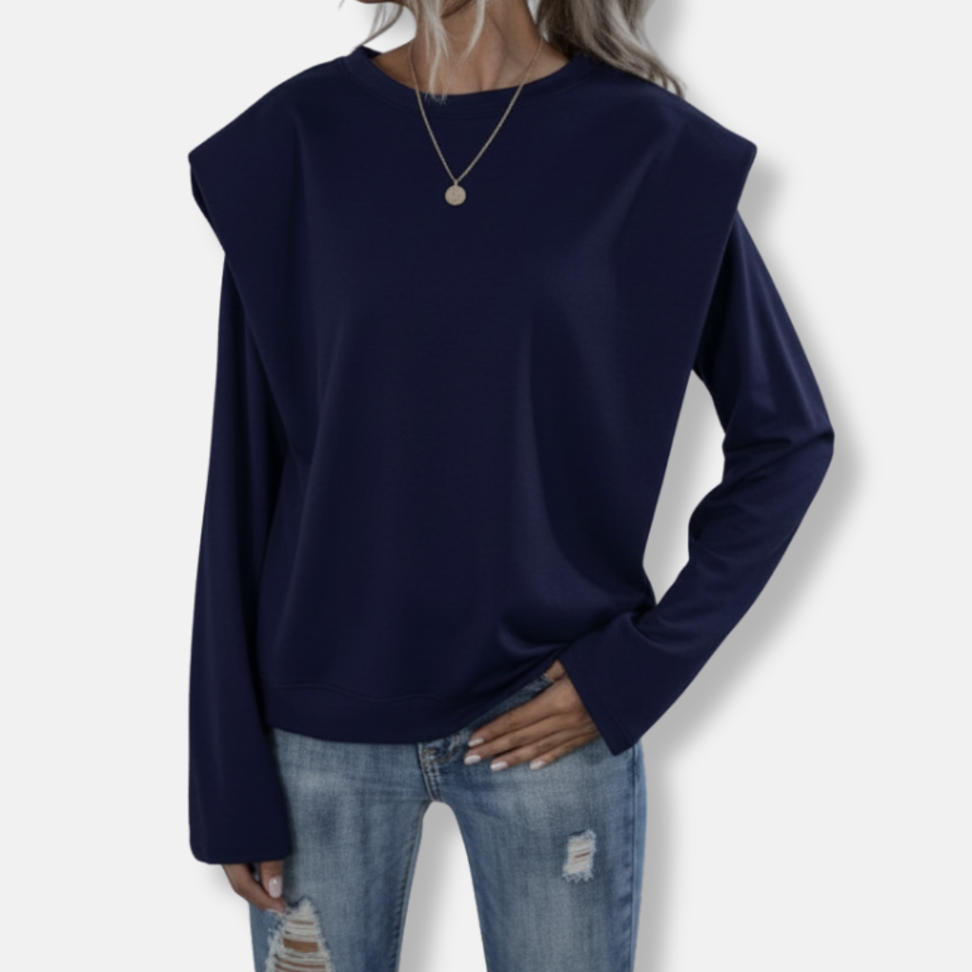 Women's relaxed fit crew neck sweatshirt soft knit fabric with subtle padded shoulders casual chic