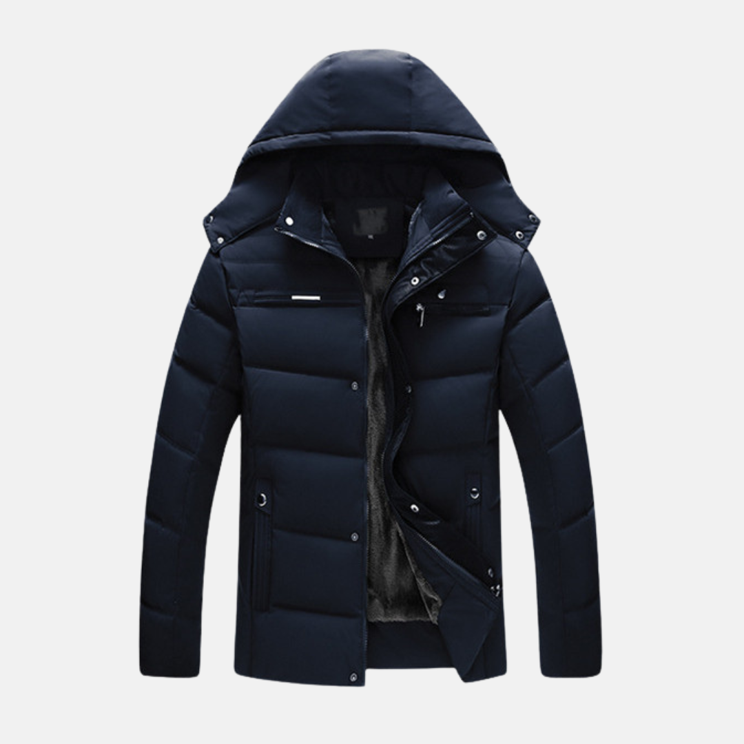 Men's quilted padded coat water-resistant fleece hood snap closure urban winter outerwear