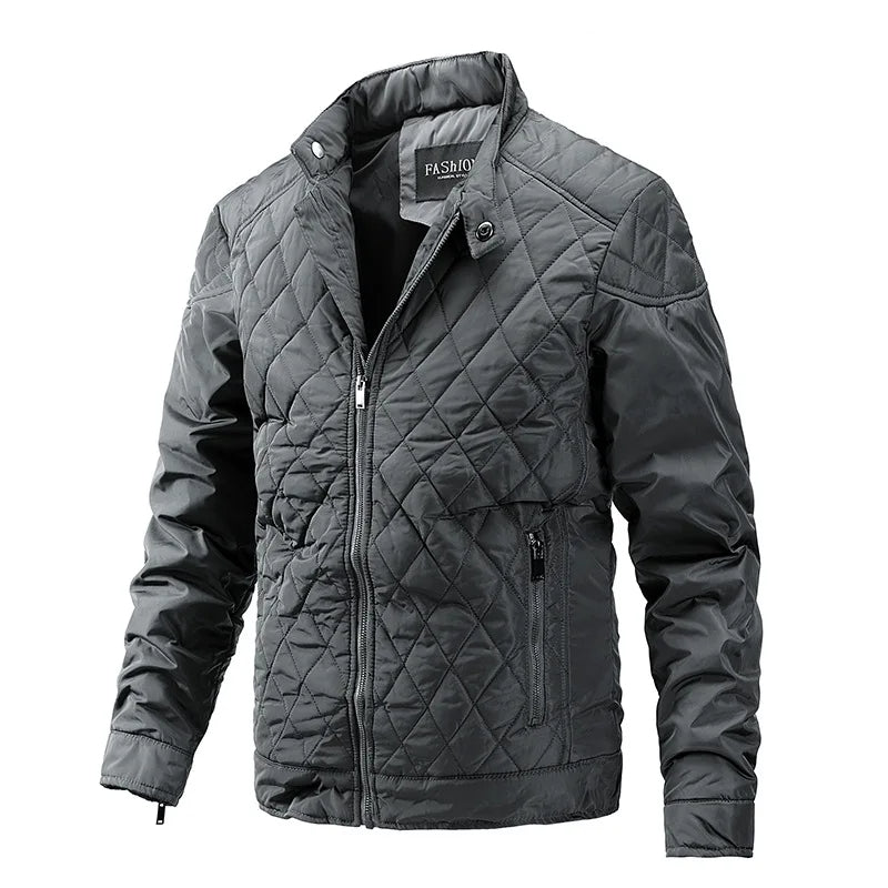 Men's lightweight black puffer jacket with diamond quilting and front zipper for everyday winter wear