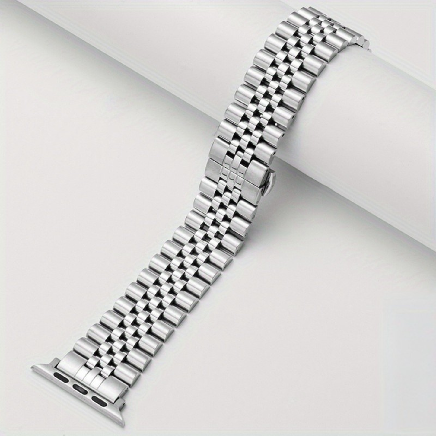 Chrono Link stainless steel Apple Watch bracelet five-link design with secure butterfly clasp