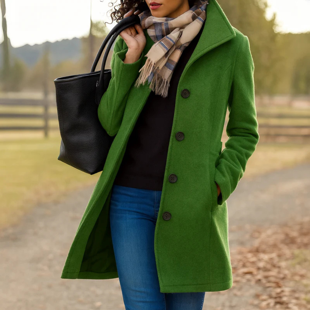 Women classic buttoned winter coat elegant elongated silhouette clean polished finish everyday style