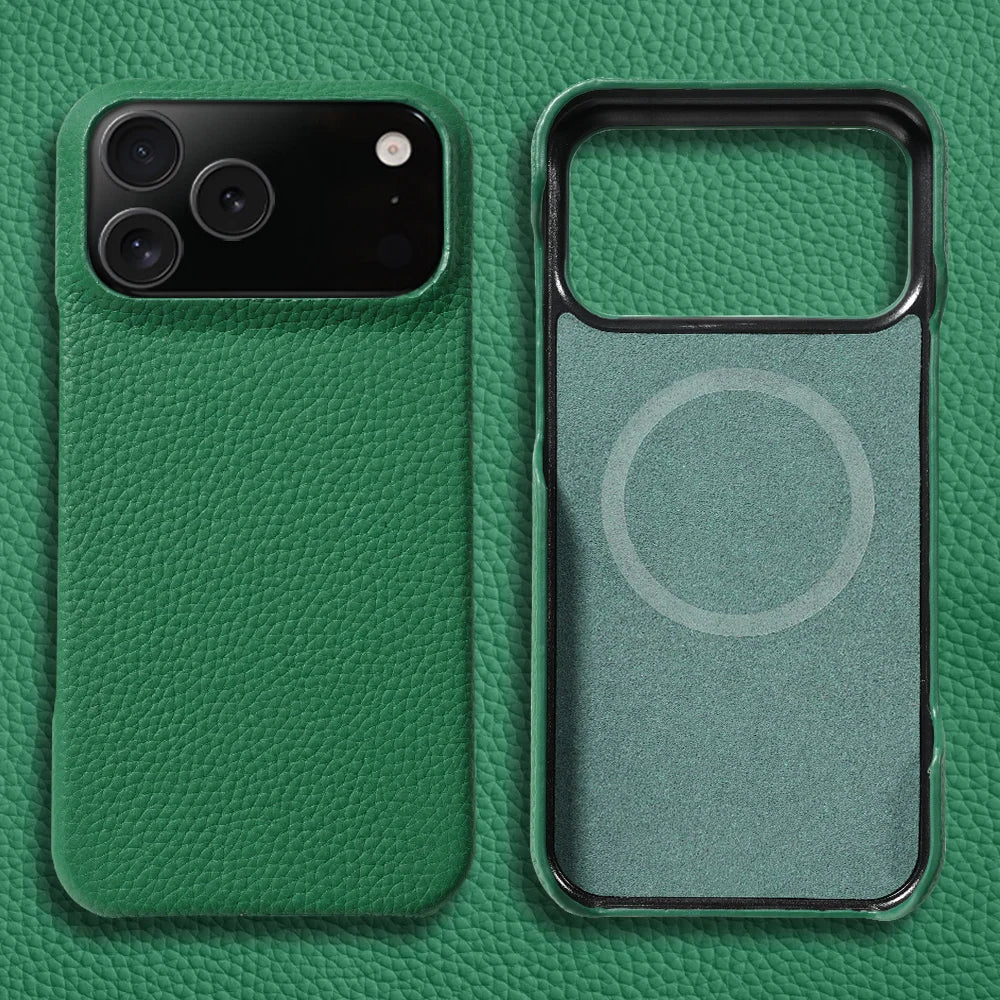 Executive leather iPhone 17 case with textured grip, MagSafe compatible, raised camera guard protection