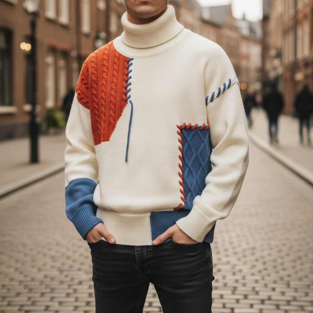 Men's wool patchwork shirt in mixed colors, modern slim fit with handcrafted seams and textured panels