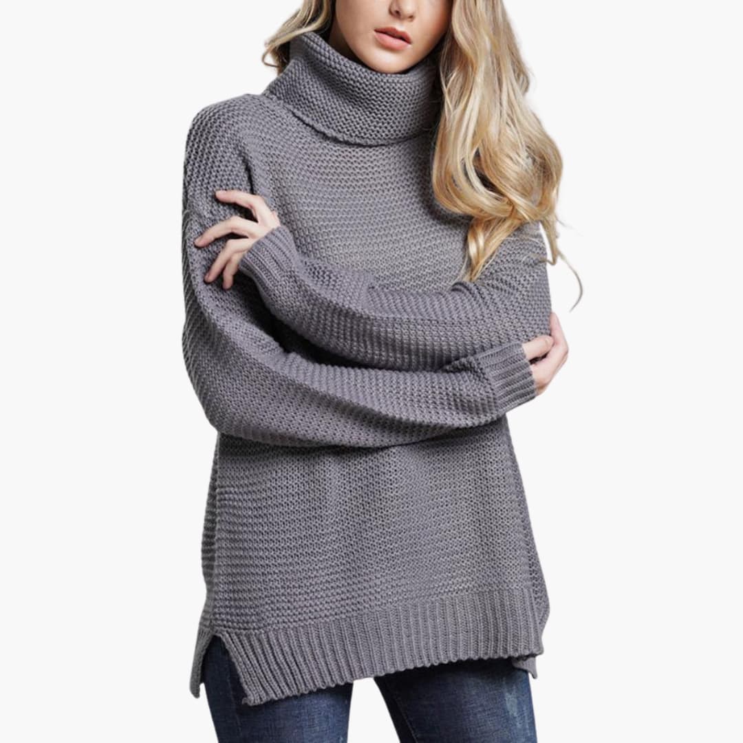 Women's chunky knit turtleneck sweater, relaxed hip-length silhouette with ribbed cuffs for cozy everyday wear