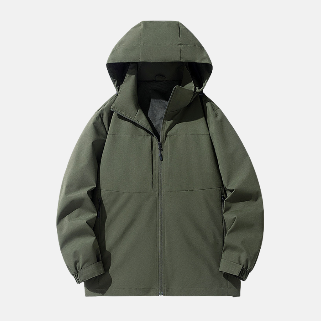 Men's relaxed fit hooded jacket weather-resistant with zip pockets and adjustable cuffs
