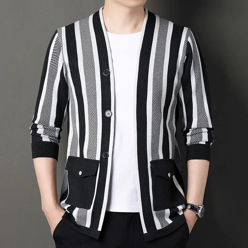 Trenton striped wool-blend cardigan tailored fit bold vertical stripes professional style