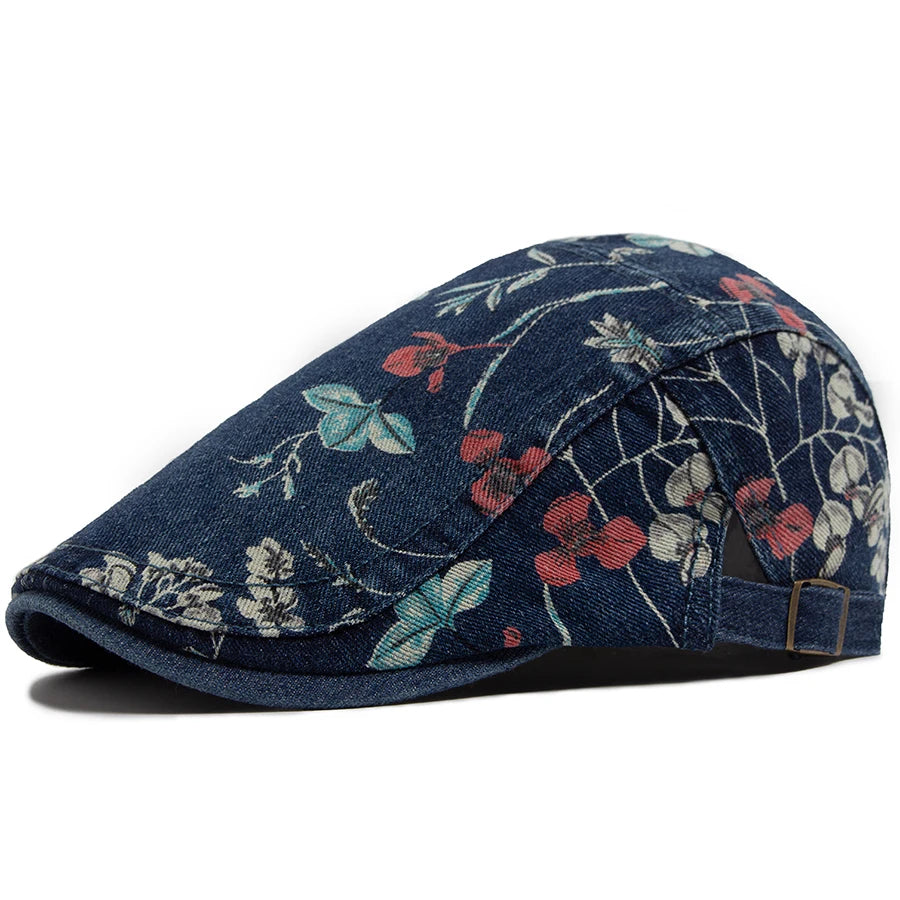 Denim flat cap vintage floral print breathable cotton newsboy style unisex blue hat