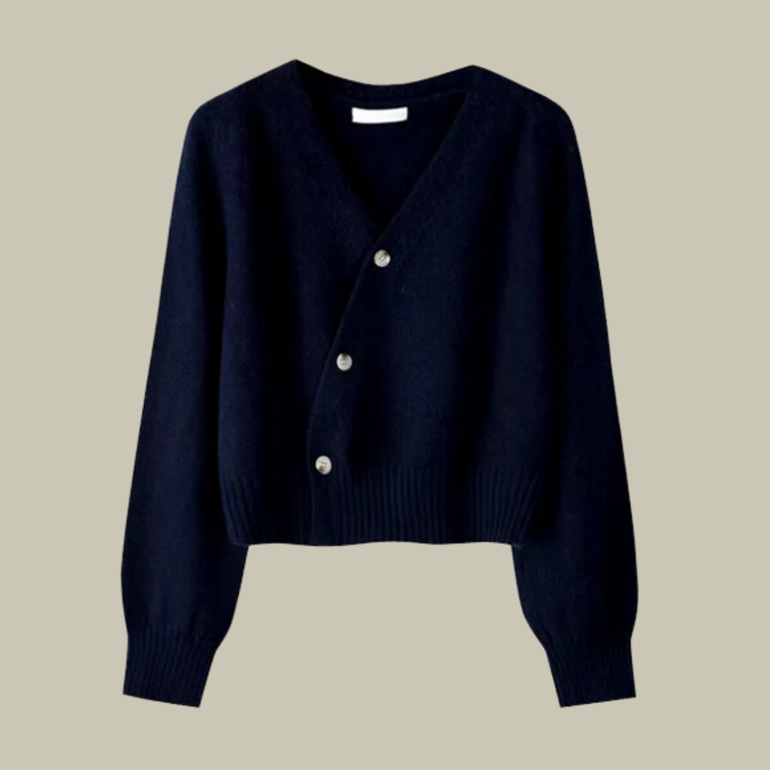 Women's Clara merino wool knit sweater, soft neutral tone, relaxed long-sleeve fit with minimalist V-neck