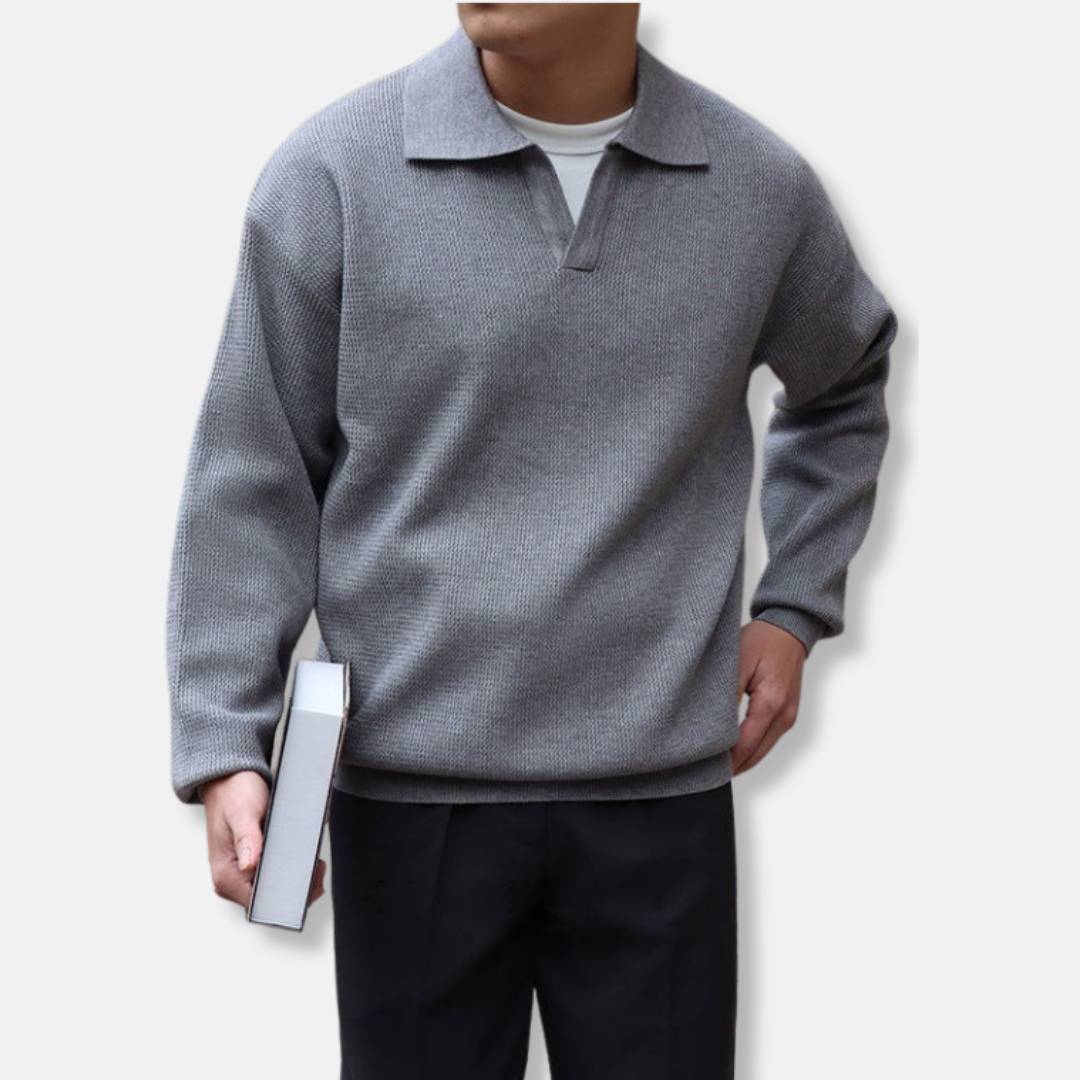 Men's knit pullover sweater polo collar V-neck relaxed fit soft cotton blend versatile all-season