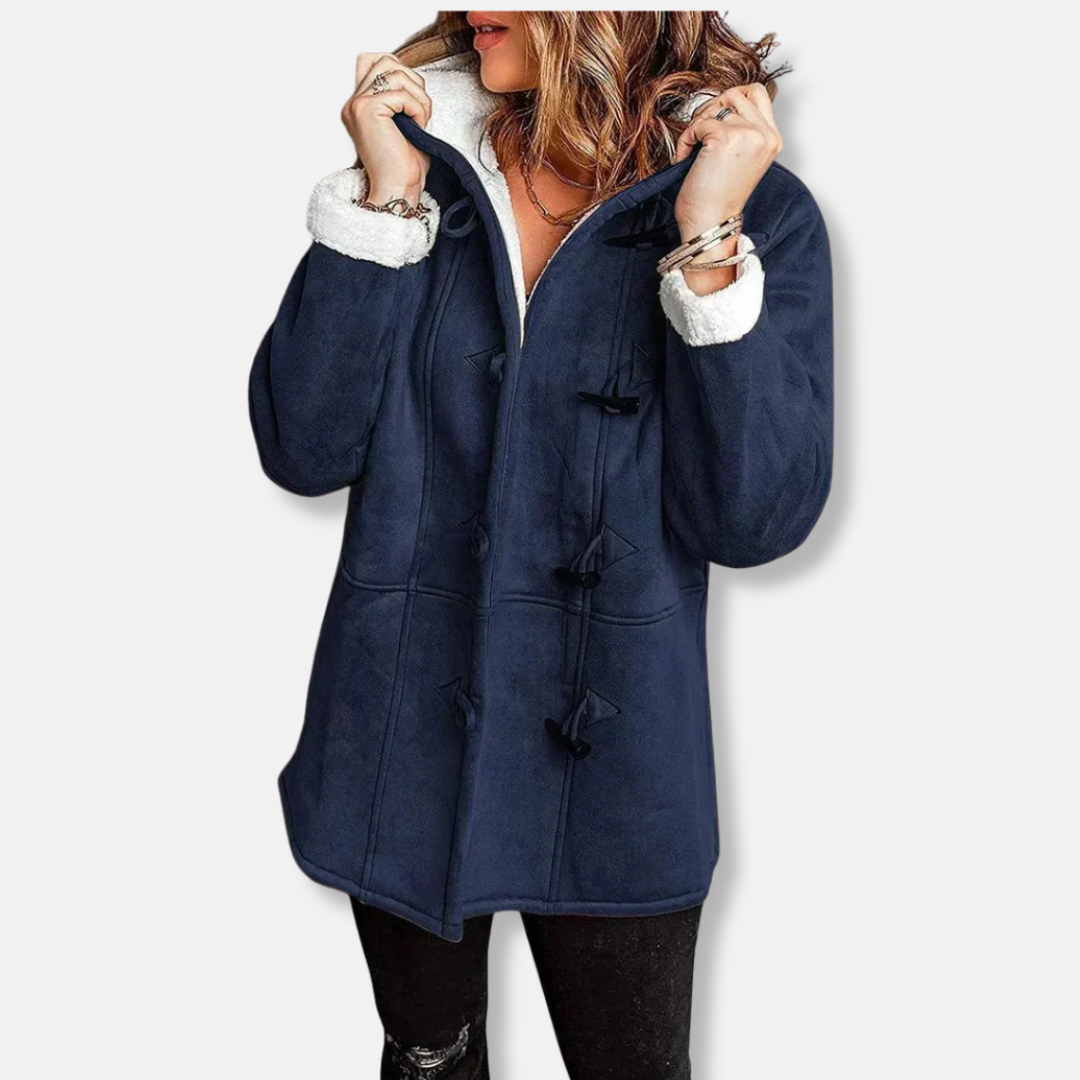 Women's fleece jacket with hood toggle closure relaxed mid-length cozy warm casual everyday layer