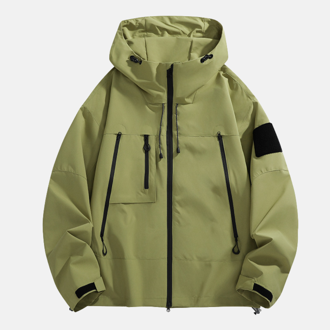 Men's relaxed fit waterproof outdoor jacket with adjustable hood, lightweight all-season shell