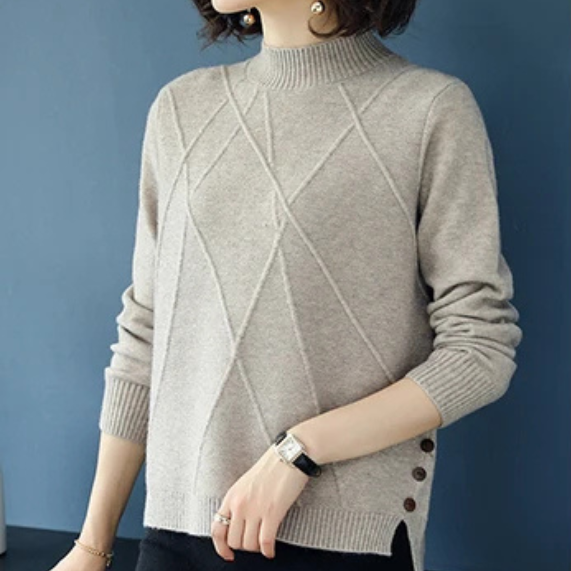 Women's cashmere turtleneck sweater with sculpted diamond-knit pattern, stretch-infused midweight blend
