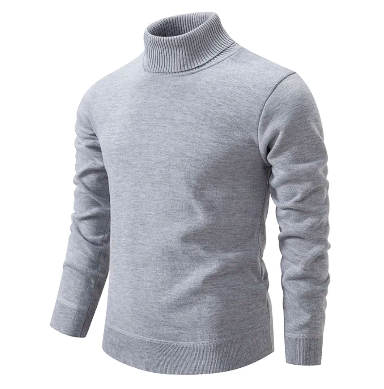 Men's ivory virgin wool turtleneck sweater, classic slim fit with ribbed collar detailing